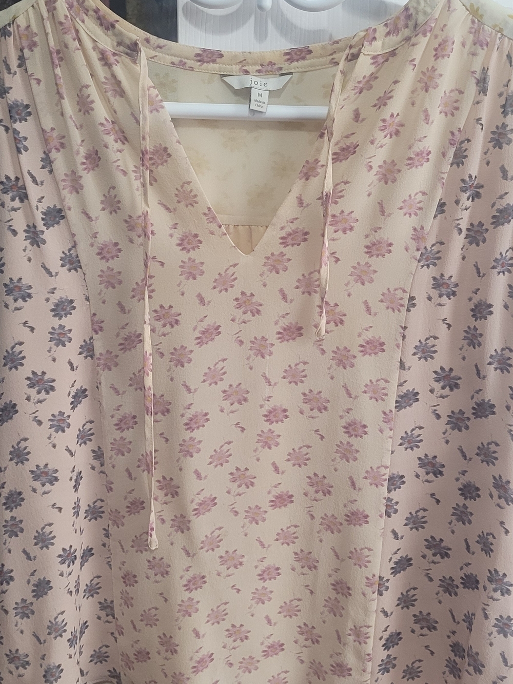 Joie Pale Blush Floral V-Neck Tie Blouse